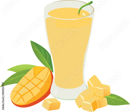 A refreshing glass of mango juice with fresh mango slices and green leaves