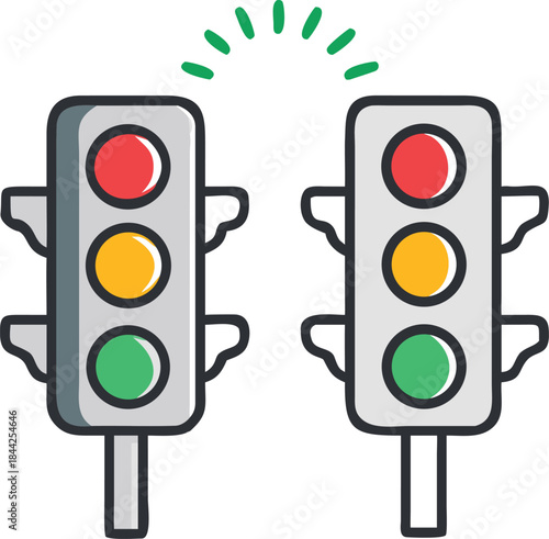 Two traffic lights showing red and green signals with a stop sign below