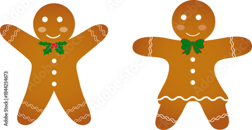 A set of two cute and cheerful gingerbread cookie characters a gingerbread man and a gingerbread woman