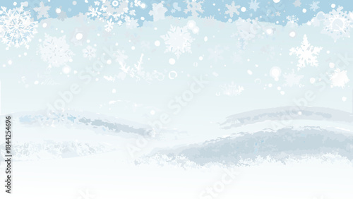 A serene winter landscape with falling snowflakes and gentle snow drifts
