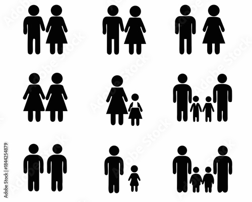 Simple black silhouettes depicting various family structures and groupings of people