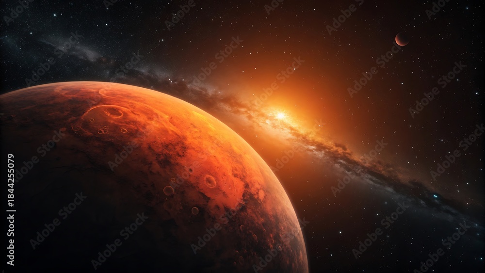 Fototapeta premium Cinematic Red Planet with Sunrise and Galaxy Background