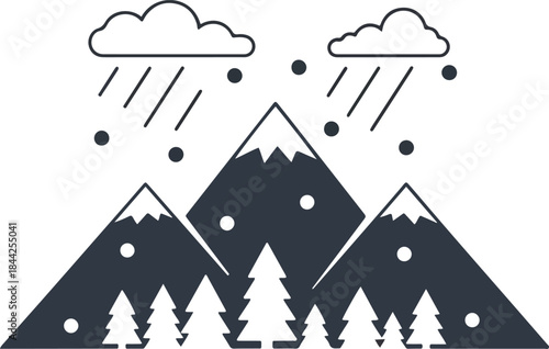 Stylized mountains with snow rain and hail under cloudy skies and pine trees