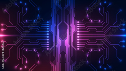 Symmetric Digital Circuit Board Background: Futuristic Processing Chip and Data Flow