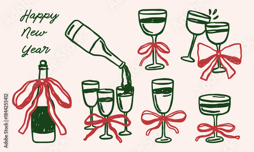 Vintage Christmas drinks vector illustrations set. Whimsical coquette bow retro new year holidays hand drawn clipart. Champagne, wine, cocktail, glass, bottle