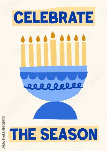 Modern Hanukkah vector card print. Cute jewish holidays illustrations of menorah