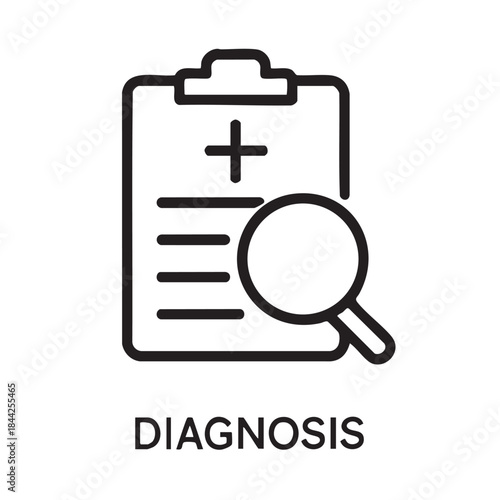 A line art illustration depicting a medical clipboard with a plus sign and a magnifying glass labeled diagnosis