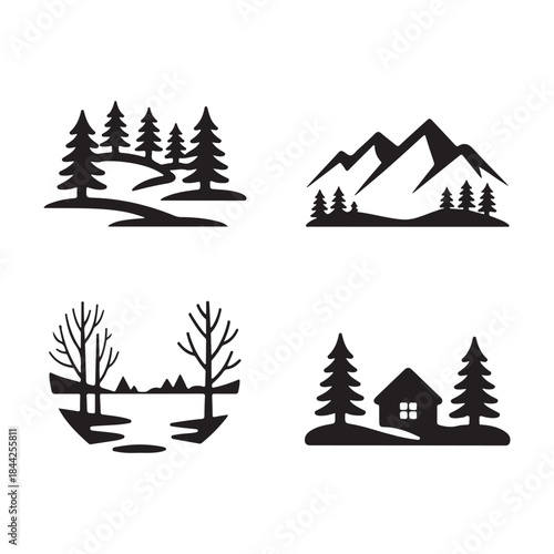 Cozy winter house snow landscape silhouette vector illustration