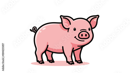 Cute Pink Pig Character Illustration, Adorable Farm Animal with Curly Tail and Friendly Smile