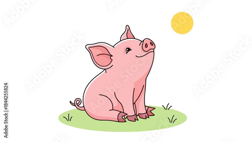 Adorable Pink Piglet Sitting on Green Grass Looking Up at Yellow Sun
