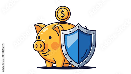 Piggy Bank Protected by Shield with Coin, Symbolizing Financial Security and Savings