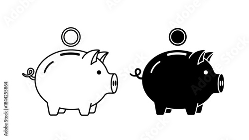 Piggy Bank and Coin Icon Set: Simple Outline and Solid Black Vector Illustrations