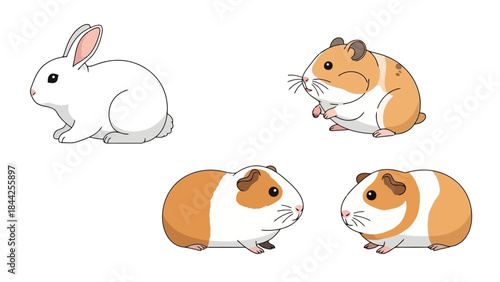 Cute Cartoon Animals: Bunny, Hamster, and Guinea Pigs on White Background