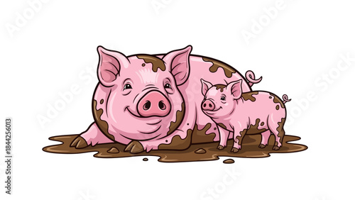 Happy Mother Pig with Piglet Relaxing in Muddy Puddle, Cute Farm Animals