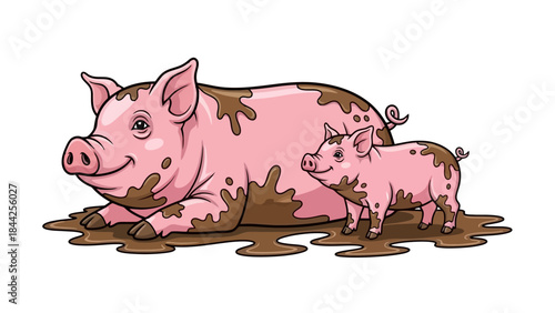 Cute Muddy Pigs, Mother and Baby, Enjoying a Mud Bath on a Farm