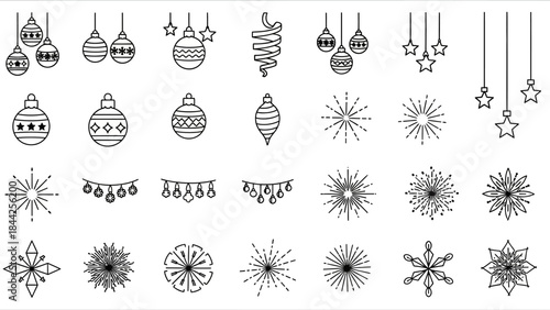 Christmas and new year ornaments decorations set includes hanging baubles stars garlands string lights and sunburst effect outline icons vector illustration