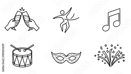Party and carnival line icon set including cheering champagne glasses, dancing person, musical note, drum, masquerade mask, and confetti vector illustration
