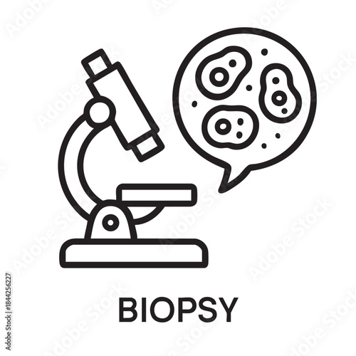 A line art illustration depicts a microscope examining cells representing medical diagnostics and the process of biopsy analysis