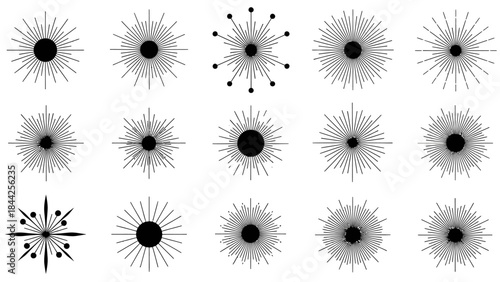 Abstract sunburst icon collection with various radial line designs, starburst shapes, and explosion effects vector graphic illustration set