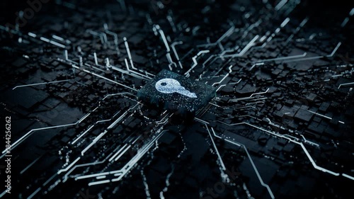 Security Technology Concept with key symbol on a Microchip. White Neon Data flows from the CPU across a Futuristic Motherboard. Seamless Loop.
