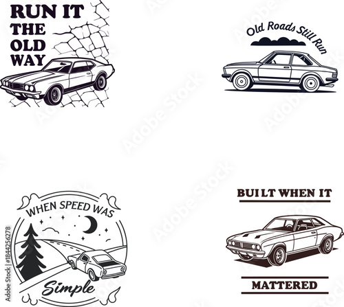 Set of Four Vintage Car and Classic Transport Logos/Badges Vector