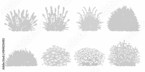 A collection of various gray scale shrub and bush silhouettes