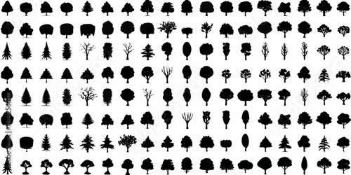 A collection of various tree silhouettes displayed against a white background