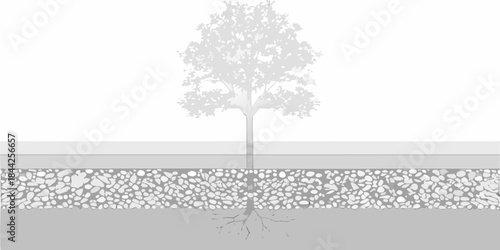 A solitary tree with visible roots soil layers and a simple landscape
