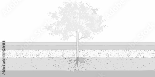 A simple grayscale illustration depicting a tree with visible roots and ground