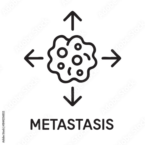 A stylized depiction of cancer cell metastasis showing directional spread with arrows and a cellular form