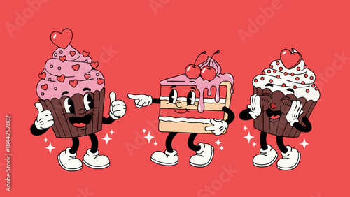 Three retro cartoon dessert characters, two cupcakes and a cake slice, with faces, arms, and legs, on a vibrant red background, adorned with hearts.