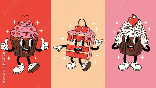 Retro cartoon dessert characters: a happy cupcake, a slice of cake, and another expressive cupcake, all in a vintage animation style.