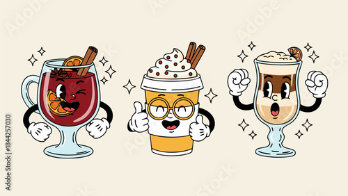 Three retro cartoon drinks, including mulled wine, pumpkin spice latte, and layered coffee, with expressive faces and arms.