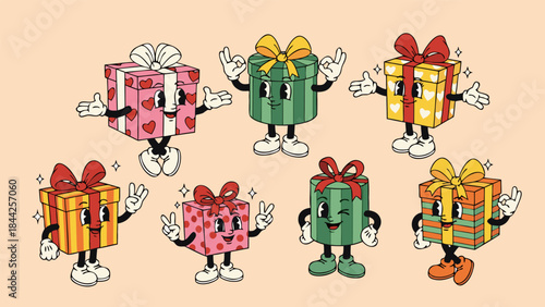 A collection of seven retro cartoon gift boxes with faces, arms, and legs, featuring various colorful patterns and bows, waving happily on a light background.