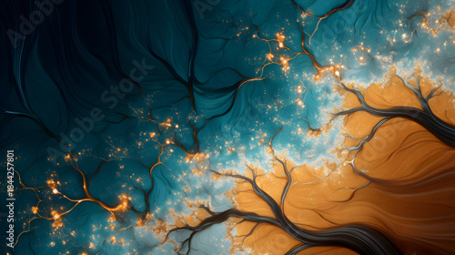 Golden Branches in Serenity: A captivating artistic depiction of delicate golden branches against a deep blue and beige backdrop, evoking feelings of peace and wonder.