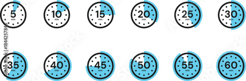 Set of timer and stopwatch icons with different minutes, vector illustration