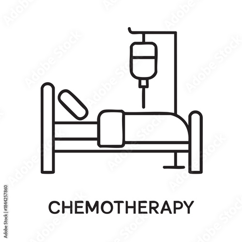 A simple line drawing depicting a hospital bed with an iv drip alongside the word chemotherapy