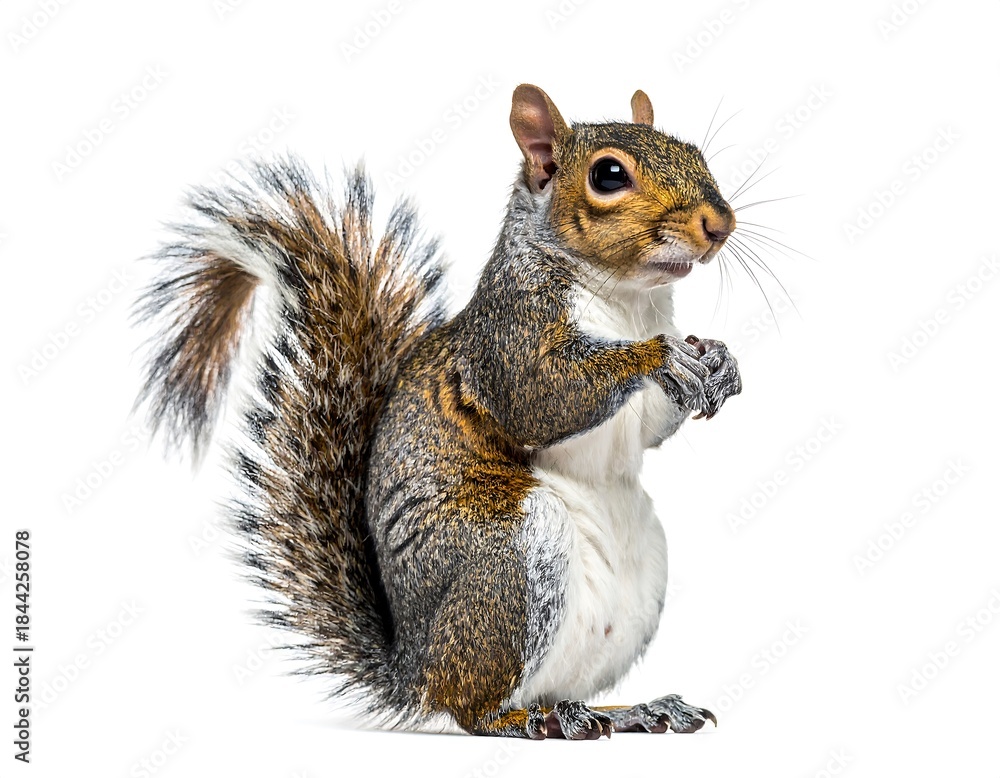 Obraz premium Standing squirrel showcasing fluffy tail high resolution photo in a white background