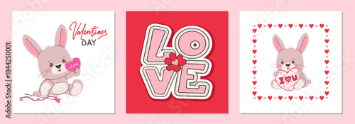 Cute bunny vector illustrations for Valentine s Day featuring love messages. Includes a rabbit holding a heart and playful typography. Perfect for festive and romantic designs.