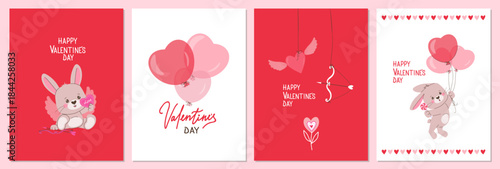 Valentine s Day card vector set features charming designs with a bunny holding a heart, heart-shaped balloons, and a cupid s bow, capturing a festive and loving mood.