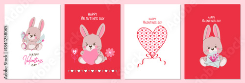 Set of cute Valentine cards featuring adorable bunny illustrations with hearts and flowers. Perfect for Valentine s Day greetings. Each card showcases lovable and charming designs.