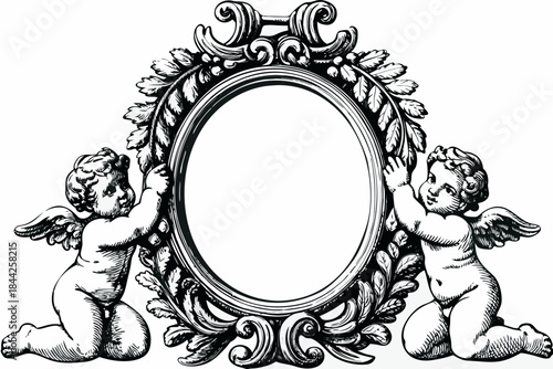 Ornate vintage frame held by cherubic angels in a detailed engraving