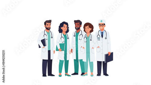 Diverse medical team of doctors and nurses standing together in white coats with stethoscopes representing healthcare and professional medical s