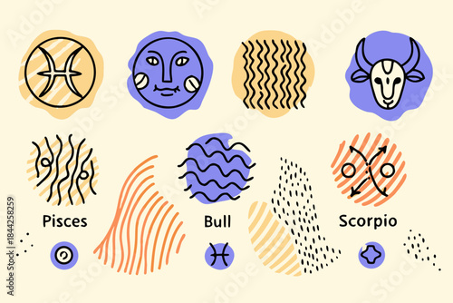 Illustrative zodiac signs collection with unique symbols and minimal design elements
