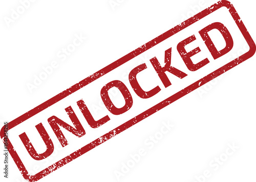 Vibrant red unlocked rubber stamp with a vintage grunge effect on a bright white surface