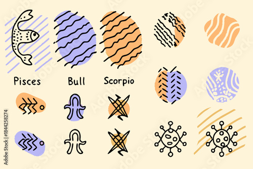 Zodiac signs and astrological symbols in a colorful abstract illustrative design