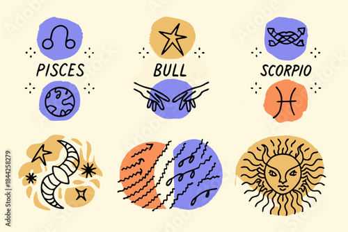 Illustrations of zodiac signs pisces bull scorpio leo cancer and aquarius