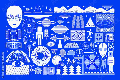 Intricate blue illustration featuring alien artifacts eyes and geometric shapes