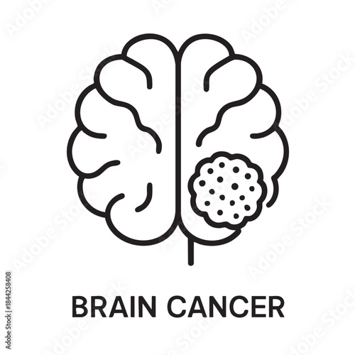 A simple line drawing depicts a human brain with a distinct tumor growth labeled as brain cancer below