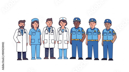 Diverse group of medical and police professionals representing essential workers and public service isolated on white background
